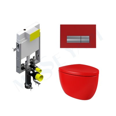 Bocchi Etna Asma Klozet - Parlak Kirmizi Set (Kapak Dahil ) + Gömme Rezervuar Seti - BOCCHI