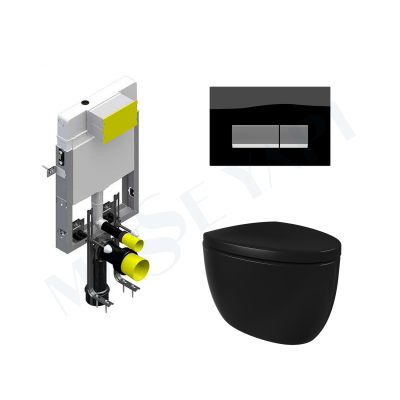 Bocchi Etna Asma Klozet - Parlak Siyah Set (Kapak Dahil ) + Gömme Rezervuar Seti - BOCCHI