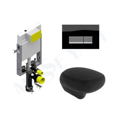 Bocchi Fenice Rimless Asma Klozet - Mat Siyah Set (Kapak Dahil ) + Gömme Rezervuar Seti - BOCCHI
