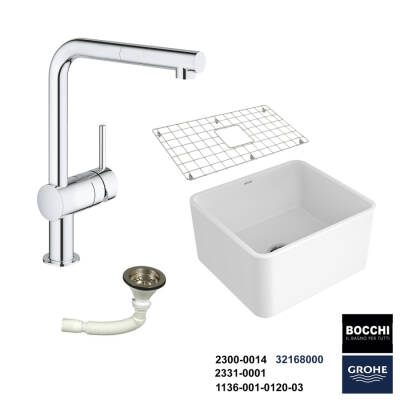 Bocchi Lavello 50 cm Seramik Eviye Grohe Minta Spiralli Eviye Bataryası Seti(Tel Izgara ve Sifon Dahil ) - BOCCHI