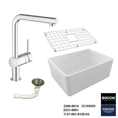 Bocchi Lavello 60 cm Seramik Eviye Grohe Minta Spiralli Eviye Bataryası Seti(Tel Izgara ve Sifon Dahil ) - BOCCHI