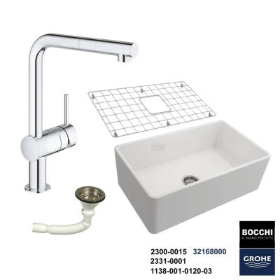 Bocchi Lavello 76 cm Seramik Eviye Grohe Minta Spiralli Eviye Bataryası Seti(Tel Izgara ve Sifon Dahil ) - BOCCHI