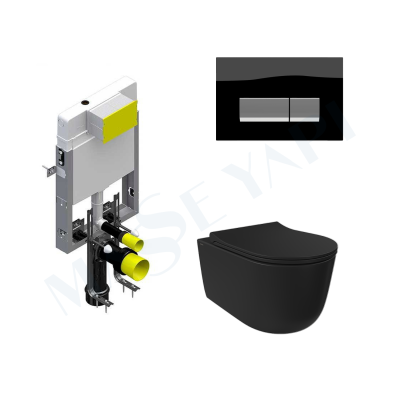 Bocchi Speciale Jet Flush Asma Klozet - Parlak Siyah Set (Kapak Dahil) + Gömme Rezervuar Seti - BOCCHI