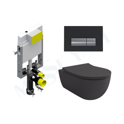 Bocchi V-Tondo Rimless Asma Klozet - Mat Antrasit Set (Kapak Dahil ) + Gömme Rezervuar Seti - BOCCHI