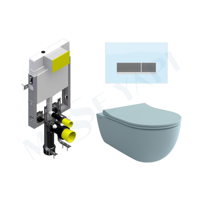 Bocchi V-Tondo Rimless Asma Klozet - Mat Buz Mavi Set (Kapak Dahil ) + Gömme Rezervuar Seti - BOCCHI