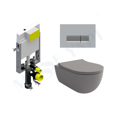 Bocchi V-Tondo Rimless Asma Klozet - Mat Gri Set (Kapak Dahil ) + Gömme Rezervuar Seti - BOCCHI