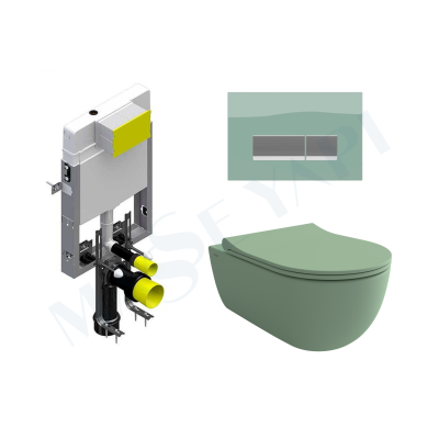 Bocchi V-Tondo Rimless Asma Klozet - Mat Mint Yeşil Set (Kapak Dahil ) + Gömme Rezervuar Seti - BOCCHI