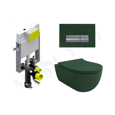 Bocchi V-Tondo Rimless Asma Klozet - Mat Yeşil Set (Kapak Dahil ) + Gömme Rezervuar Seti - BOCCHI