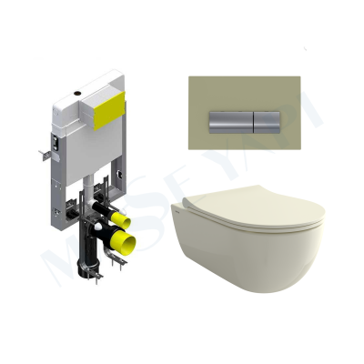 Bocchi V-Tondo Rimless Asma Klozet - Parlak Bisküvi Set (Kapak Dahil ) + Gömme Rezervuar Seti - BOCCHI