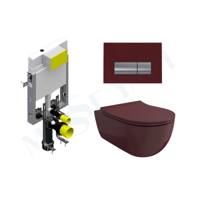 Bocchi V-Tondo Rimless Asma Klozet - Parlak Burgonya Bordosu Set (Kapak Dahil ) + Gömme Rezervuar Seti - BOCCHI