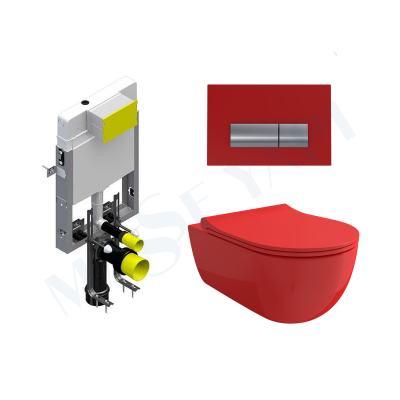 Bocchi V-Tondo Rimless Asma Klozet - Parlak Kirmizi Set (Kapak Dahil ) + Gömme Rezervuar Seti - BOCCHI