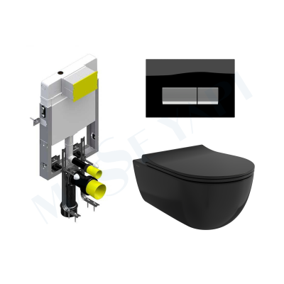 Bocchi V-Tondo Rimless Asma Klozet - Parlak Siyah Set (Kapak Dahil ) + Gömme Rezervuar Seti - BOCCHI