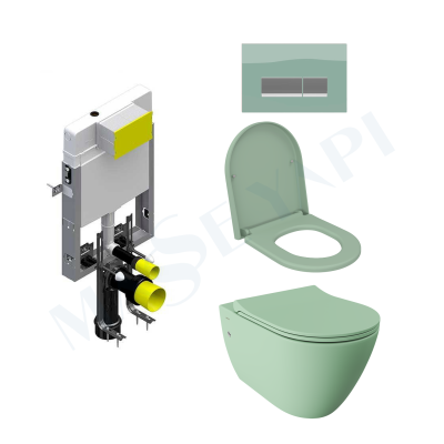 Bocchi Venezia Rimless Asma Klozet - Mat Mint Yeşili Set (/Kapak Dahil) + Gömme Rezervuar Seti - BOCCHI