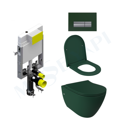 Bocchi Venezia Rimless Asma Klozet - Mat Yeşil Set (/Kapak Dahil) + Gömme Rezervuar Seti - BOCCHI