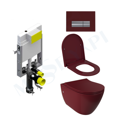 Bocchi Venezia Rimless Asma Klozet - Parlak Burgonya Bordosu Set (/Kapak Dahil) + Gömme Rezervuar Seti - BOCCHI