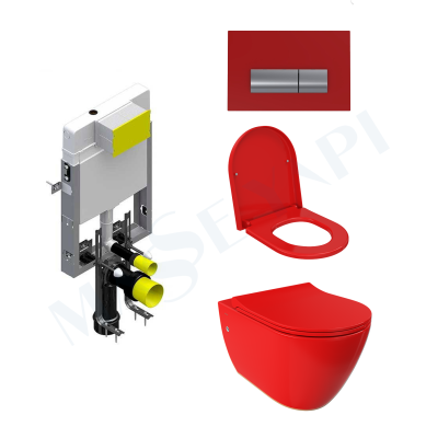 Bocchi Venezia Rimless Asma Klozet - P.Kirmizi Set (/Kapak Dahil) + Gömme Rezervuar Seti - BOCCHI