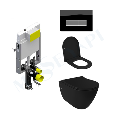 Bocchi Venezia Rimless Asma Klozet - P.Siyah Set (/Kapak Dahil) + Gömme Rezervuar Seti - BOCCHI