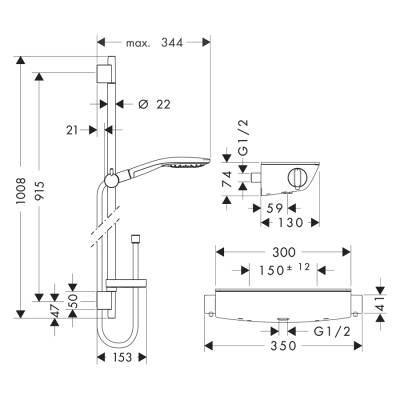 HansGrohe Raindance Select S Aplike Duş Sistemi 150 3Jet, Ecostat Select Termostat Ve 90 Cm Duş Barı İle - 27037400 - HANSGROHE (1)